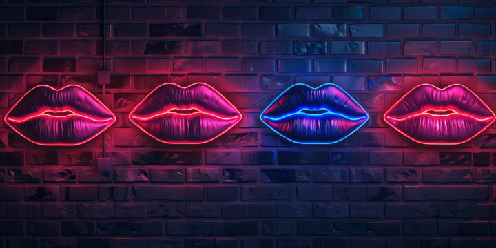 A neon lips pattern on a dark brick wall, with neon lights, in a cartoon style, forming a symmetrical grid of lips.
