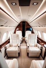 Fototapeta premium The inside of a private jet features luxurious design and glossy furnishings. 