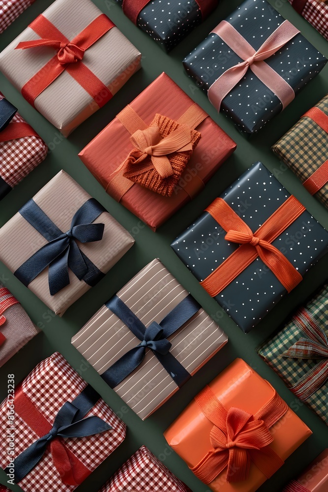 Poster neatly wrapped gifts with different ribbons and patterns, arranged in a grid on a green background.