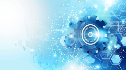 Obraz premium Tech gears in motion with an abstract blue digital background, showcasing modern technology and innovation represented by gears and digital data connections in a futuristic style.