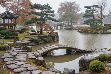 Tranquil Japanese garden with a koi pond stone path and traditional architecture creating a serene and peaceful outdoor space