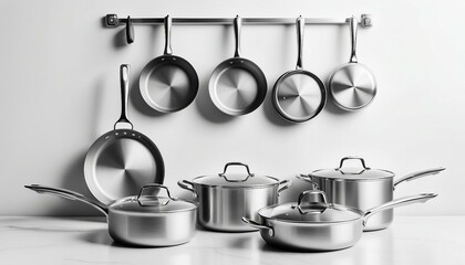 steel cookware and pan on white background, copy space for text, ad shot.

