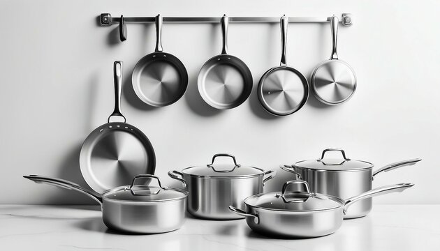 steel cookware and pan on white background, copy space for text, ad shot.


