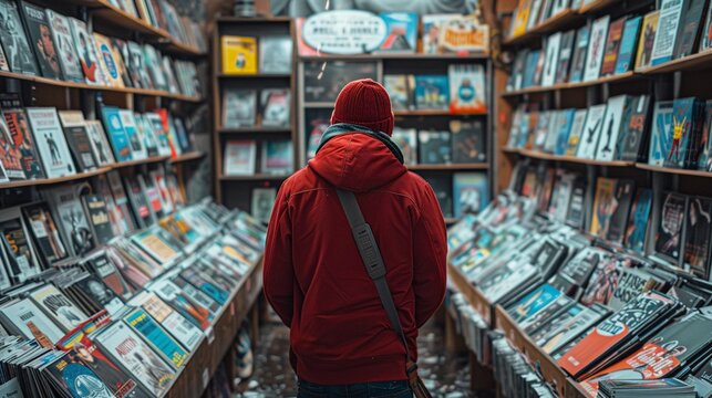 Comic Book Store Joy A comic book enthusiast finding a rare issue, feeling overjoyed and accomplished