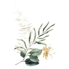 Watercolor floral card featuring gold buds, leaves and flowers. Hand-drawn composition of a plant bouquet on a white background. An outdoor illustration for design, printing or fabric background.
