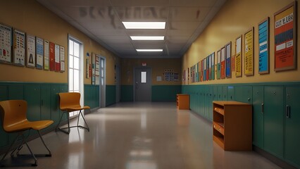 Empty school hallway with green and yellow walls and colorful posters. Concept of education, learning, childhood, nostalgia and back to school.