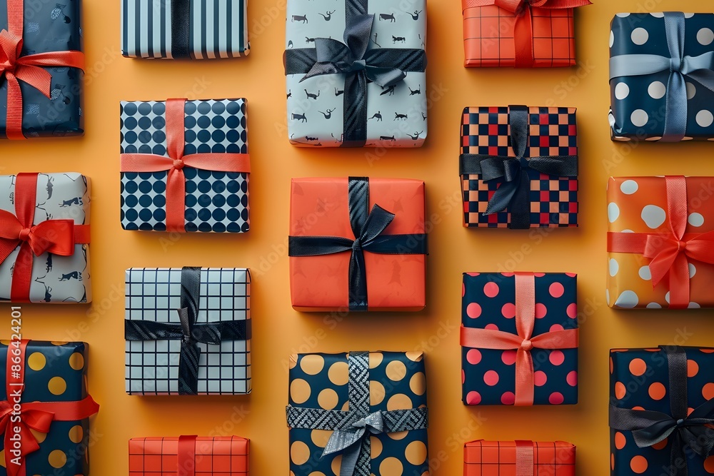 Poster top view of colorful gift boxes with various patterns arranged on an orange background, perfect for 
