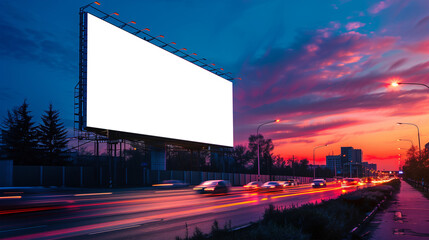 A vacant billboard looms over traffic at dusk, ideal for your advertisement.
