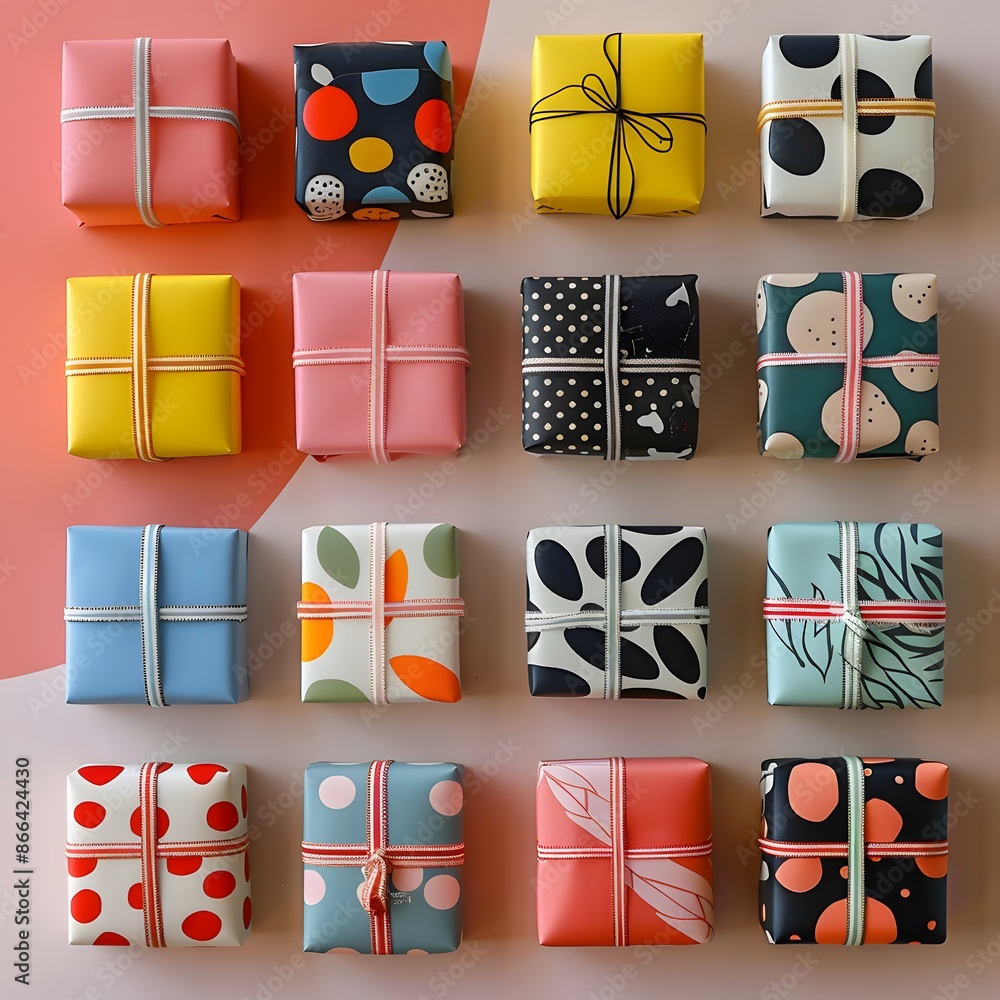 Poster various colorful gift boxes with unique patterns and different designs arranged in a grid on a paste