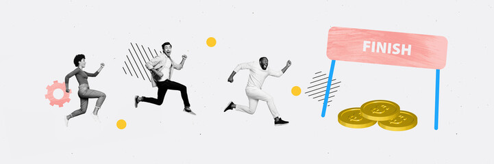 Composite collage picture image panorama of running employees businesspeople teamwork earn money...