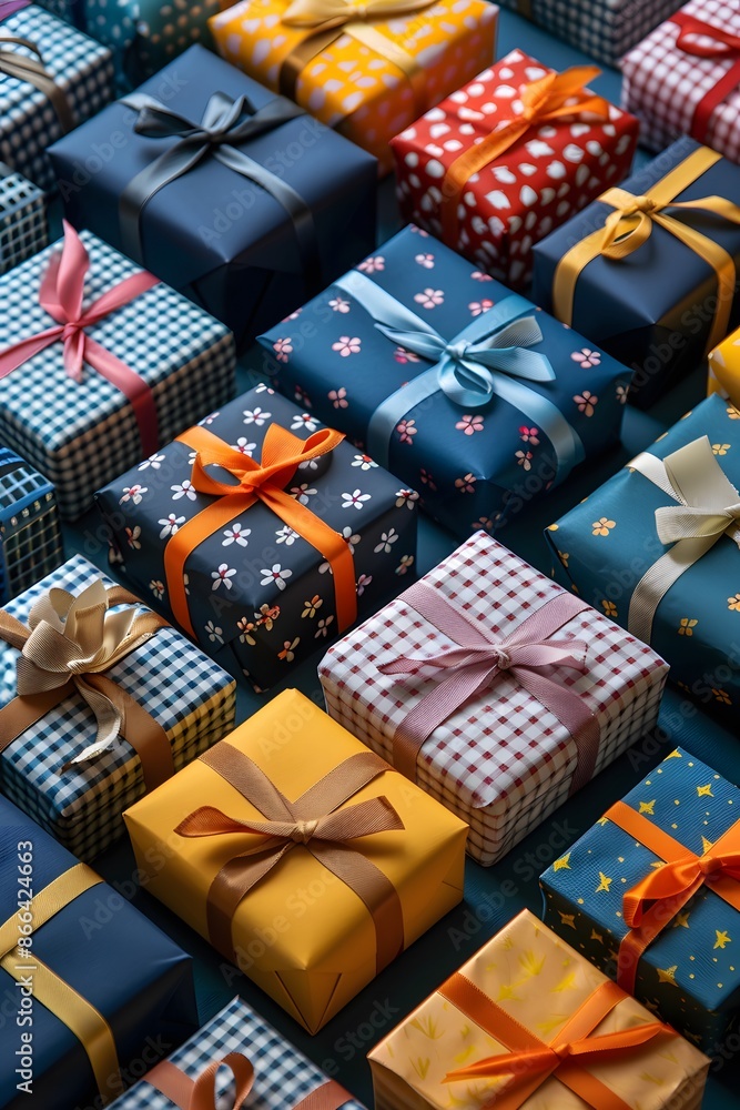 Poster vibrantly wrapped gift boxes with bows arranged in rows, creating a festive and colorful display per