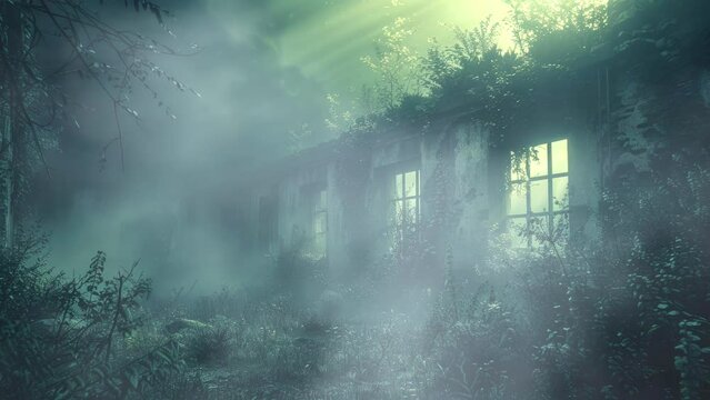 Dilapidated asylum engulfed in fog, horror video background