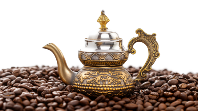 Gold and silver teapots on brown coffee beans isolated on a transparent background