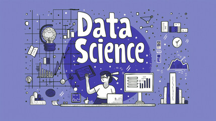 Obraz premium Data science concept illustrated with various icons, charts, and a researcher analyzing data, representing statistical analysis, machine learning, and big data applications. 