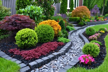 Obraz premium Artistic garden with carefully trimmed bushes and colorful flowers creating a visually stunning and well maintained outdoor space