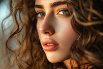 Fototapeta premium Intimate closeup of a young woman with captivating green eyes and luscious curly hair