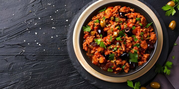 Cuban Picadillo Ground Beef Dish with Raisins, Olives, and Tomato Sauce. Concept Cuban Picadillo Recipe, Ground Beef Dish, Raisins, Olives, Tomato Sauce, Cuban Cuisine