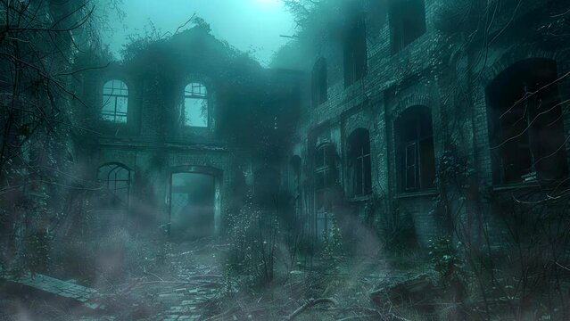 Forsaken manor in dense mist, horror video background
