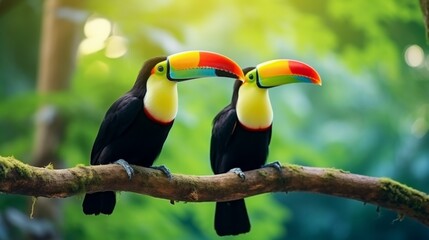 Obraz premium This image displays two strikingly colorful toucans sitting side by side on a branch, surrounded by the vivid green foliage of a tropical rainforest, bathed in soft diffused light.