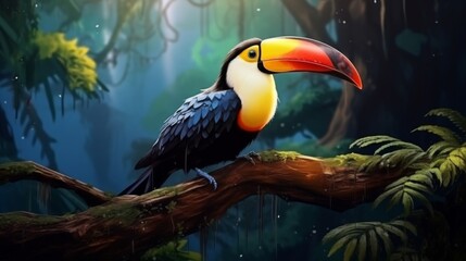 Obraz premium The image showcases a lone toucan with strikingly bright coloration perched on a moss-covered branch against the backdrop of a dimly lit yet enchanting rainforest environment.