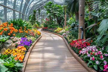 Indoor botanical garden with a variety of colorful flowers and plants creating a vibrant and exotic greenhouse environment