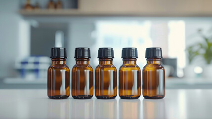 Four amber glass bottles with black caps sit on a white surface, ready to store your liquids or powders safely and securely.