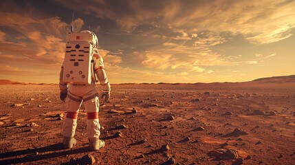 Exploring Mars: Determined Martian Colonist Studies Red Terrain with Rover in Hyperrealistic Scene