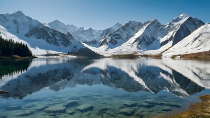 A majestic mountain range with snowcapped peaks