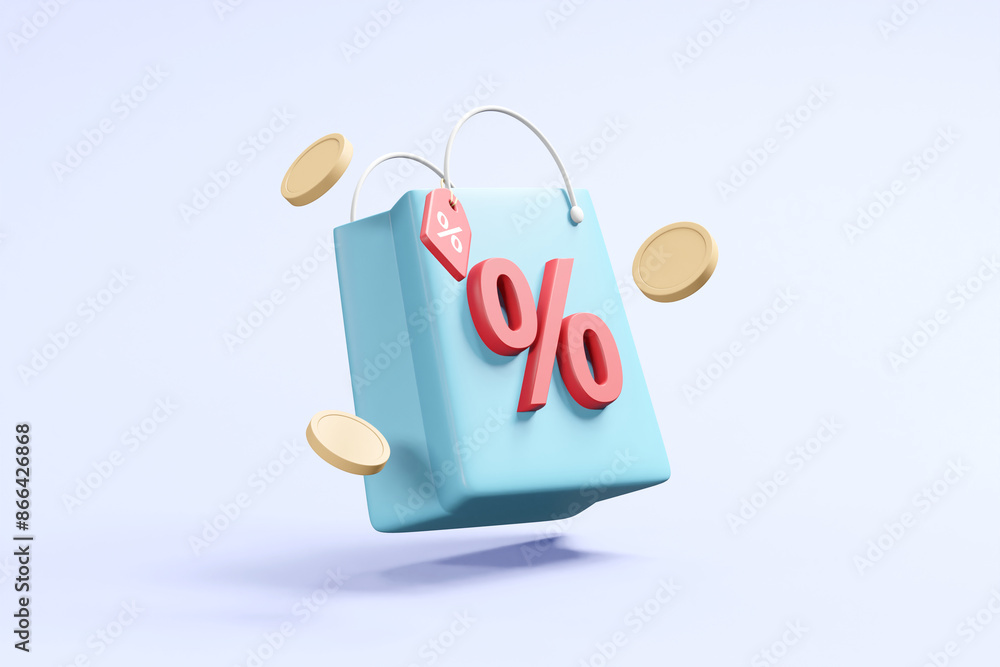 Poster a dynamic 3d render showcasing the excitement of shopping with floating elements of bags, discount t
