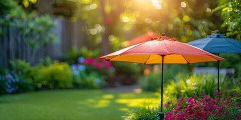 Sunlit Backyard Garden with Colorful Umbrellas and Lush Greenery