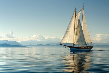 Fototapeta premium Tranquil and serene sailing at sunset on a luxury sailboat with the calm waters reflecting the golden hour light. Surrounded by the beautiful seascape and nature