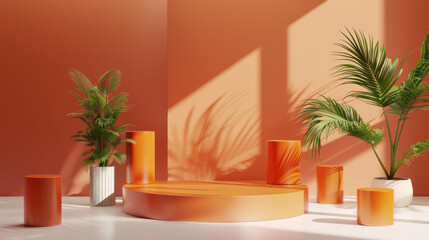 Modern 3D room with a set of orange cylinder pedestal podiums. Clean and clear scene for product display presentation. 3d vector geometric platform designs. Stage for cosmetic product showcase.