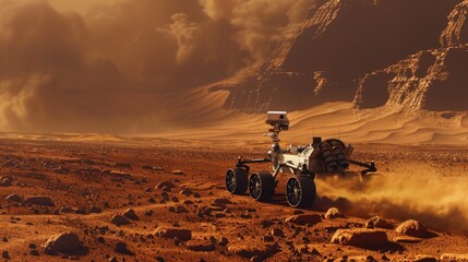 Serene Martian Landscape with Rover: Exploring Isolation and Vastness of Space