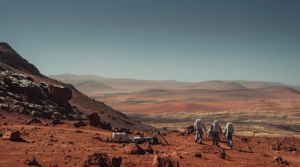 The Curious Minds of Mars: Scientists Analyzing Rock Samples in Futuristic Colony Base, Barren Red Landscape Discovery
