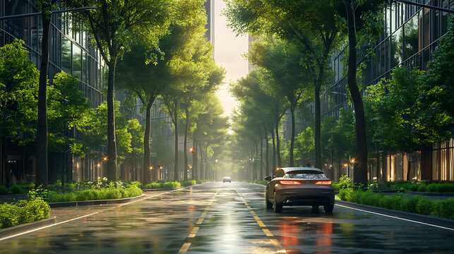 Modern city street green trees eco-friendly urban landscape car driving futuristic sustainable environment scenic view contemporary architecture clean energy smart city

 - Powered by Adobe