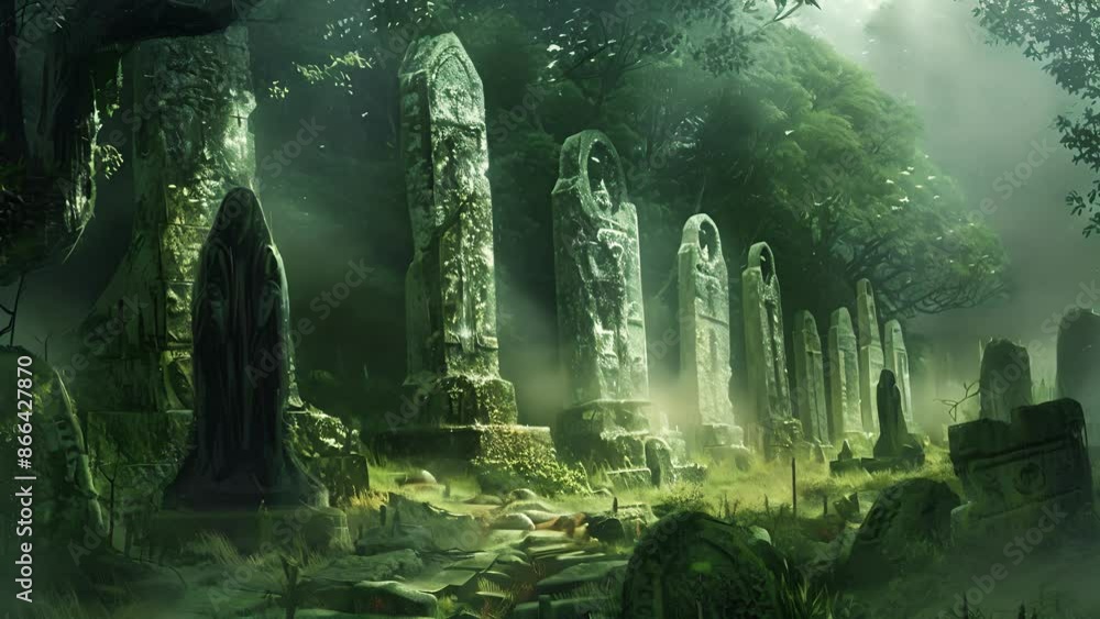 Poster deep within an ancient burial ground a row of towering stone statues with eerie expressions keep a w