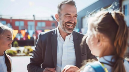 Smiling teacher talking with two young students outside a school building. Education and positive learning environment concept.