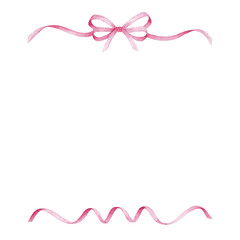 Pink ribbon bow frame, hand drawn watercolor illustration isolated on white background, template for greeting card or wedding invitation	
