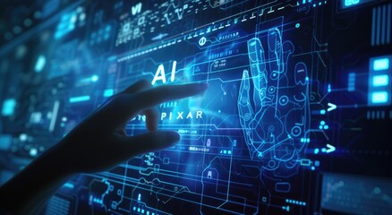 Naklejka premium Hand Interacting with Futuristic AI Interface
