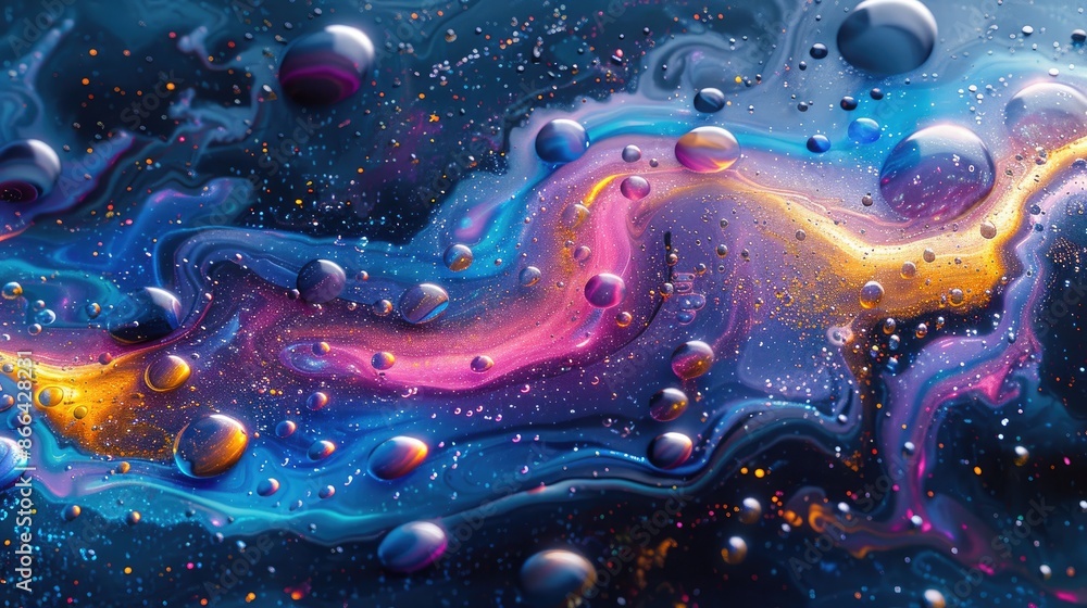 Poster abstract iridescent macro background of oil drops on water surface.