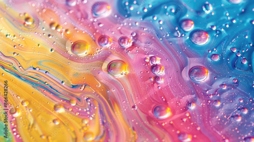 Poster abstract iridescent macro background of oil drops on water surface.