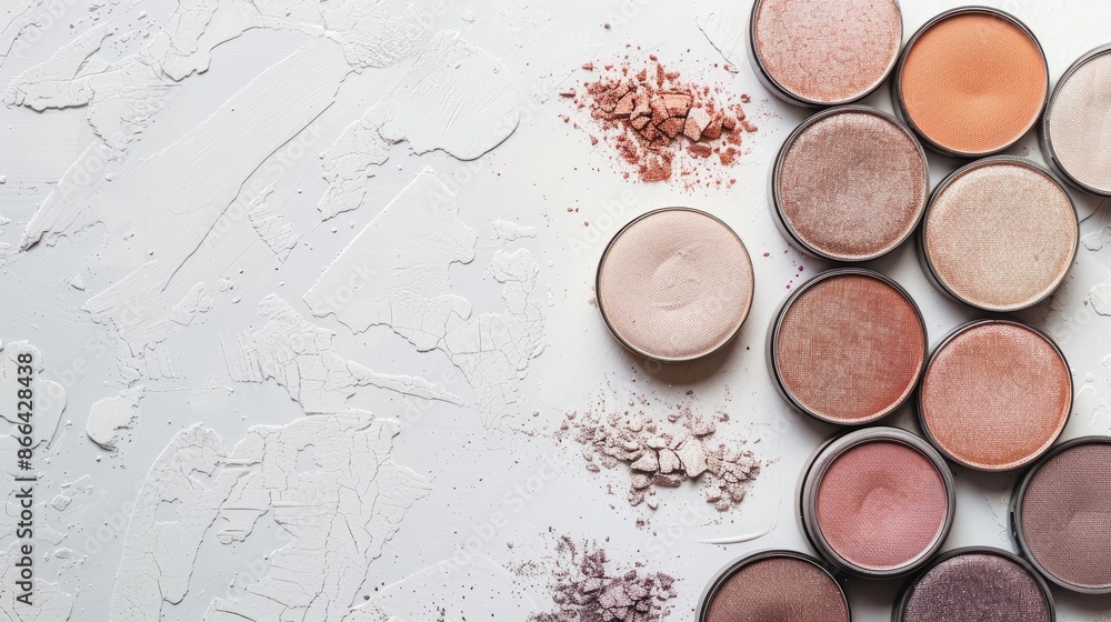 Poster neutral eyeshadow palette on white background top view with copy space texture of eye shadows