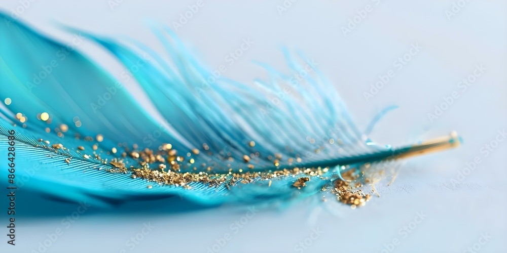 Poster macro photography of blue feather with gold specks in sharp focus and clear background. concept macr
