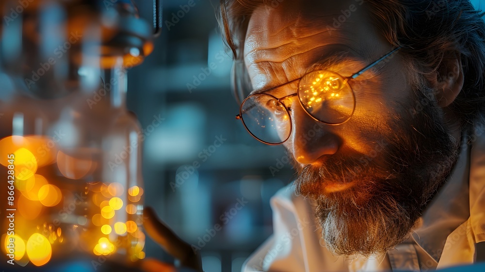 Poster scientist examining glowing artifact with curiosity and doubt in laboratory setting