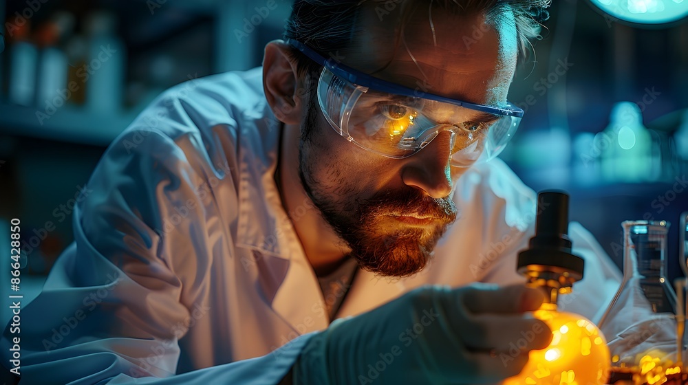 Poster scientist examining glowing artifact with curiosity and doubt in laboratory setting