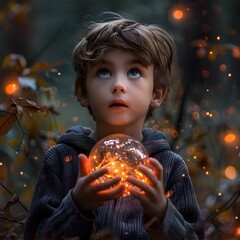Naklejka premium Curious Boy Holding Mysterious Glowing Object in Enchanting Forest Setting with Magical Lighting