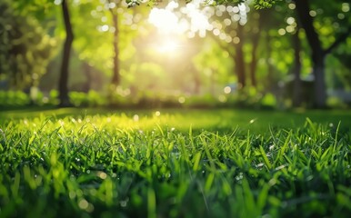 Close-up of Dewy Grass in a Sunlit Forest