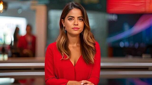 A woman wearing a red dress sits at a news desk and speaks to the camera