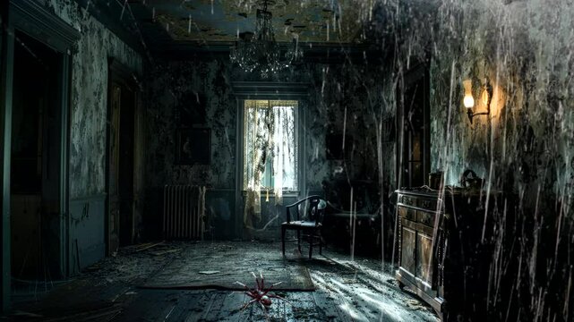 Derelict room with water damage and broken furniture, loop video background