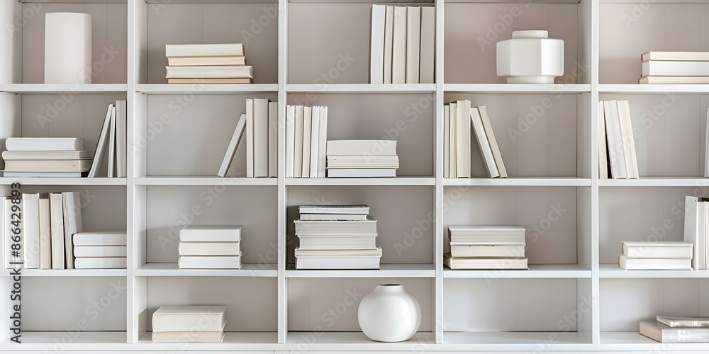 Poster efficiently declutter and organize books with white isolated bookshelf organizer. concept book organ